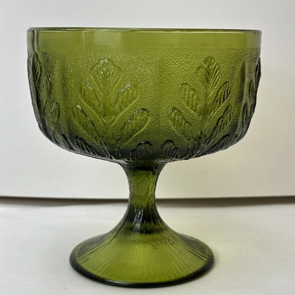 Vintage FTD  1978 Green Glass Goblet Leaf Bowl Vase with Stem Pedestal Decor